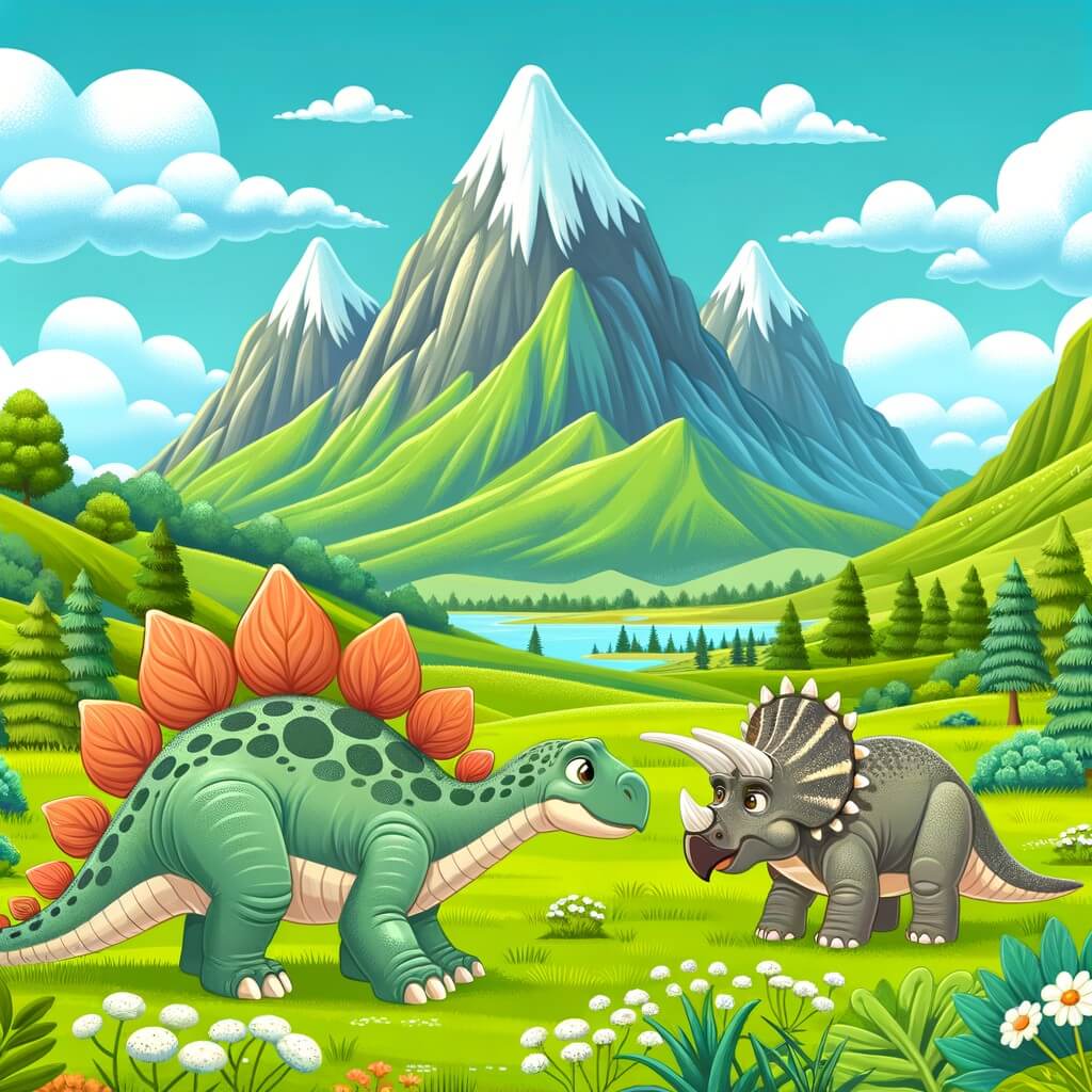 Une illustration destinée aux enfants représentant un majestueux stégosaure à la recherche d'un ami, croisant sur son chemin un triceratops occupé à brouter de l'herbe, dans un décor luxuriant de prairies verdoyantes et de montagnes majestueuses.