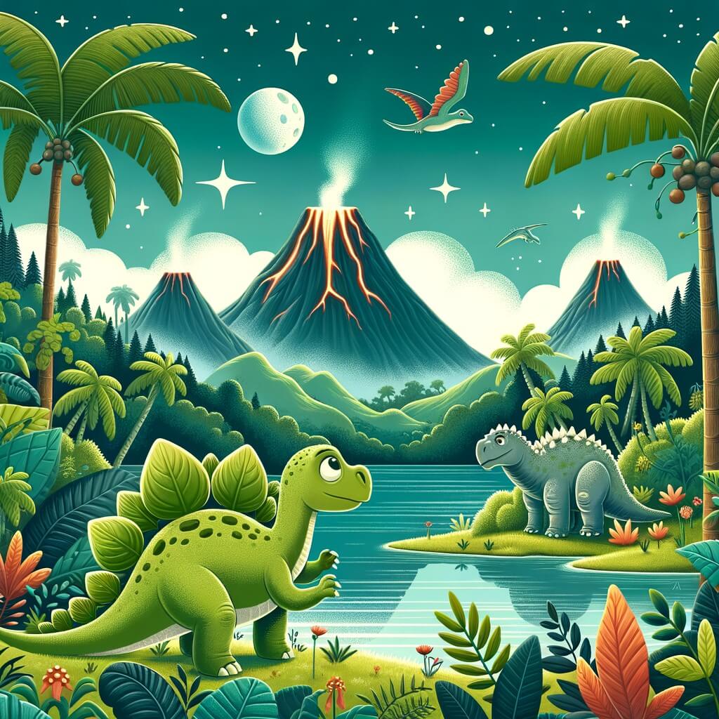 Une illustration destinée aux enfants représentant un stégosaure curieux découvrant un endroit mystérieux avec ses amis dinosaures, dans une vallée luxuriante remplie de plantes géantes, de volcans éteints et d'un lac scintillant.