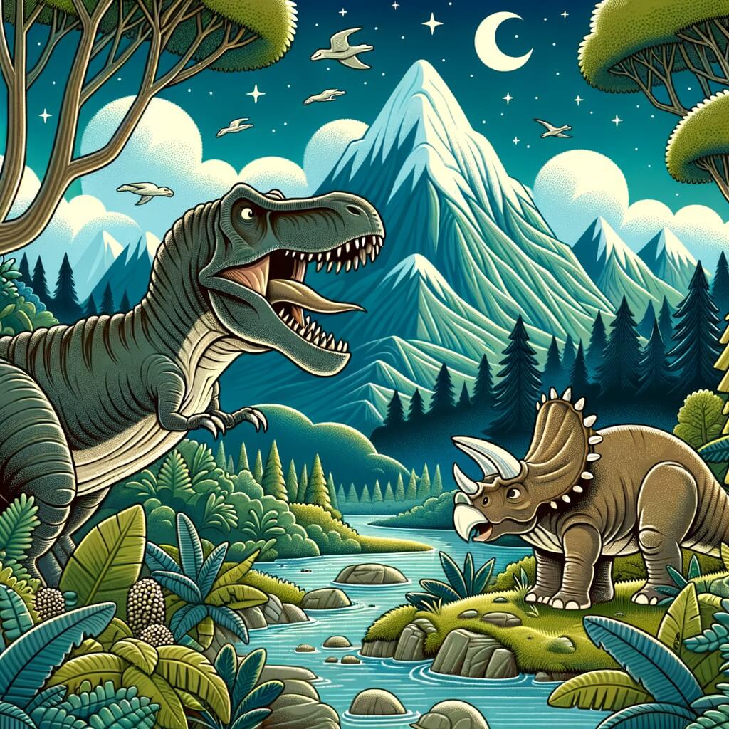 Une illustration destinée aux enfants représentant un puissant Tyrannosaure Rex, perdu et affamé, qui trouve un allié inattendu dans une imposante Tricératops, dans un paysage préhistorique luxuriant avec des montagnes majestueuses, une végétation dense et des rivières scintillantes.