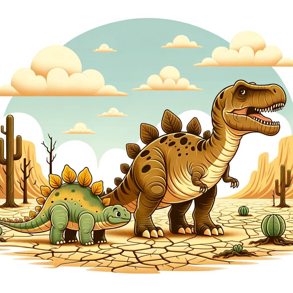Une illustration destinée aux enfants représentant un stégosaure courageux, confronté à une grande sécheresse, accompagné d'un tyrannosaure rex, dans un paysage aride et désertique où la végétation est desséchée.