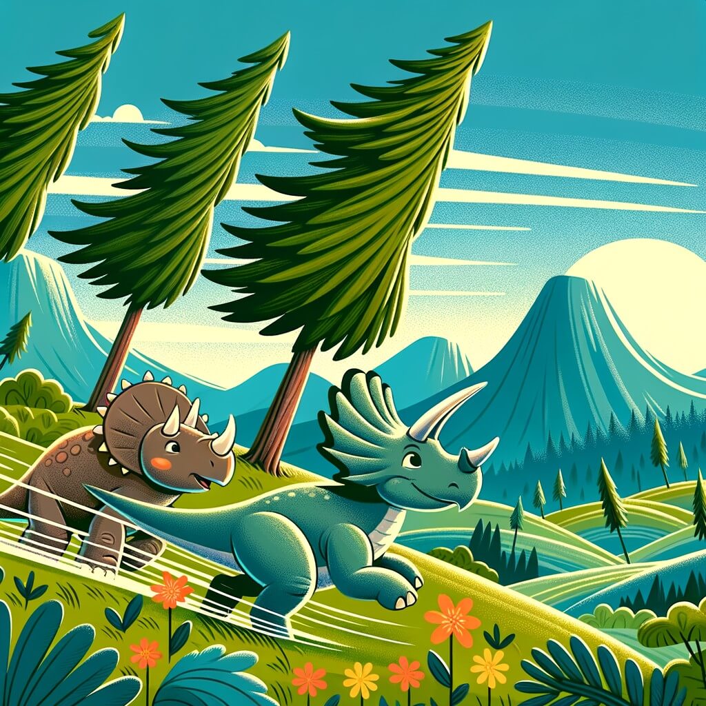 Une illustration destinée aux enfants représentant un dinosaure agile et rapide, se lançant dans une aventure passionnante avec l'aide d'un ami tricératops, au cœur d'une vallée luxuriante où les arbres se balancent doucement au gré du vent et les fleurs multicolores égayent le paysage.