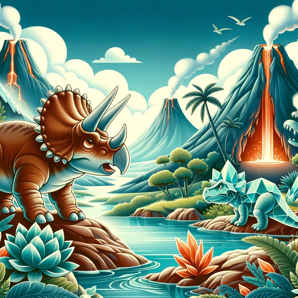 Une illustration pour enfants représentant un tricératops courageux qui part à l'aventure à la recherche d'une plante magique, dans une vallée préhistorique peuplée de dinosaures.