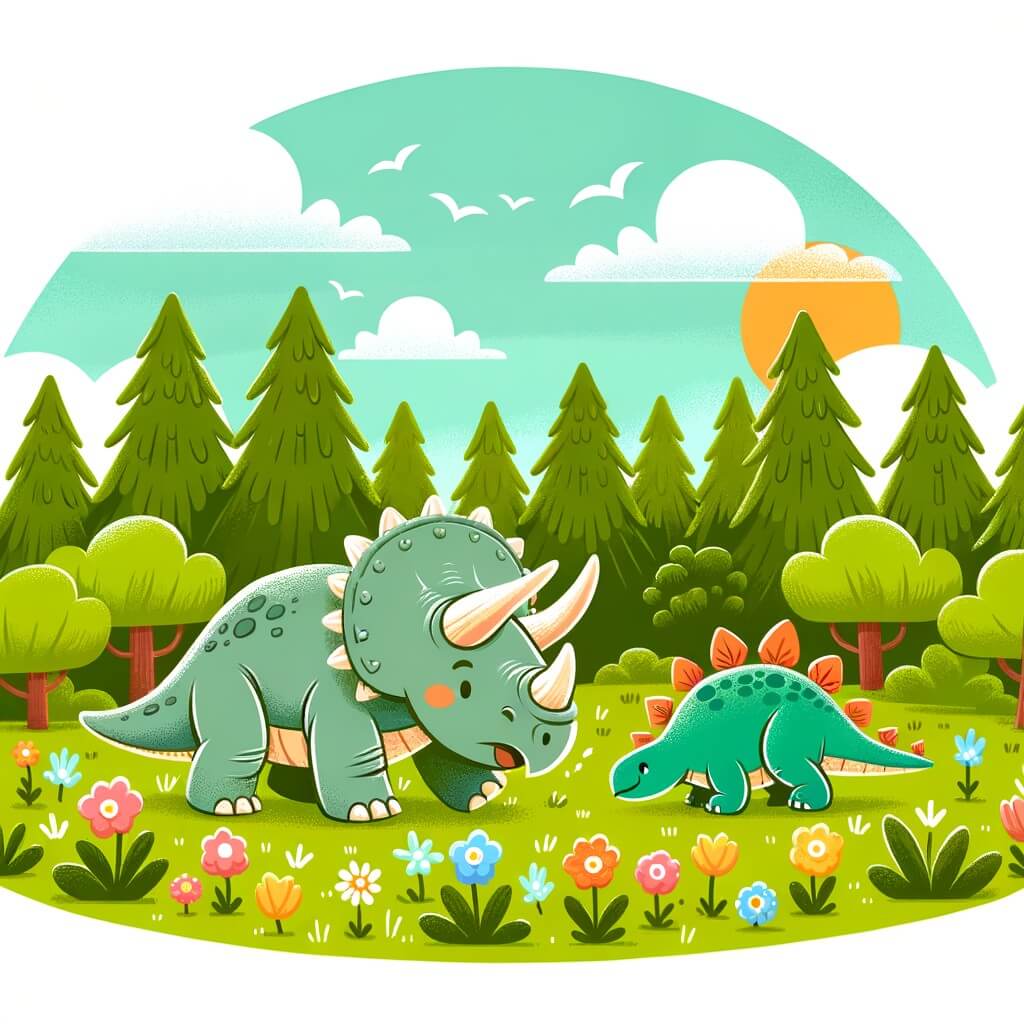 Une illustration destinée aux enfants représentant un tricératops intrépide explorant une forêt dense de l'époque des dinosaures, accompagné d'un stégosaure en difficulté, dans une plaine herbeuse parsemée de fleurs colorées.