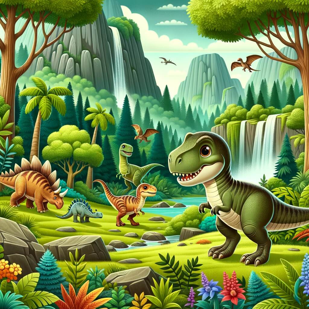 Une illustration pour enfants représentant un imposant prédateur aux dents acérées, curieux de découvrir le monde qui l'entoure, dans une forêt dense peuplée de dinosaures herbivores et carnivores.