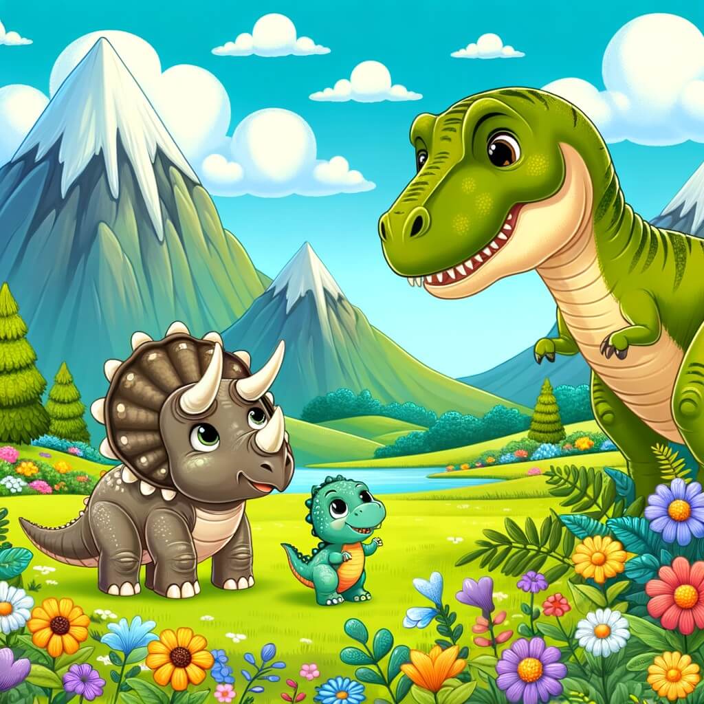 Une illustration destinée aux enfants représentant un adorable tricératops curieux, faisant face à un dangereux T-Rex, accompagné d'un charmant petit tyrannosaure, dans une vallée verdoyante remplie de fleurs colorées et de montagnes majestueuses.