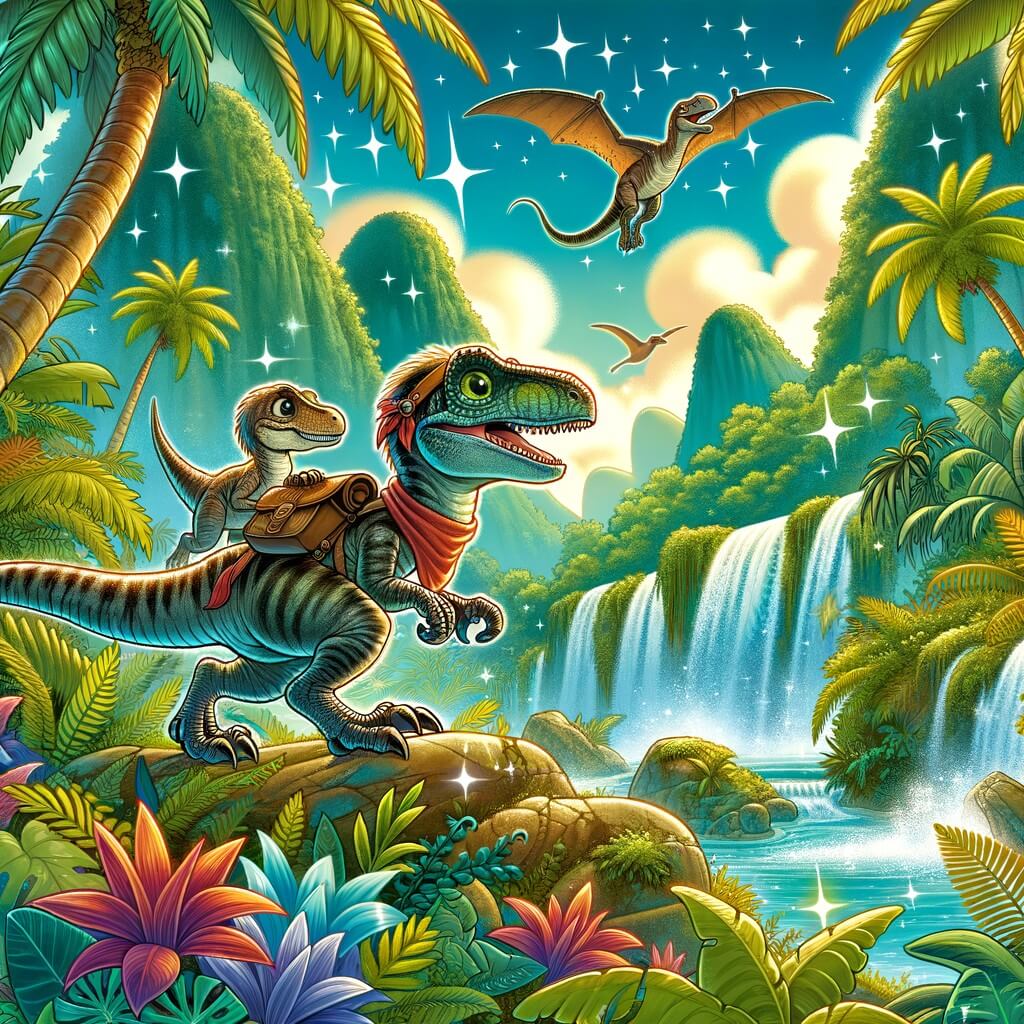 Une illustration pour enfants représentant un vélociraptor intrépide se lançant dans une aventure palpitante à travers une jungle mystérieuse peuplée de dinosaures.