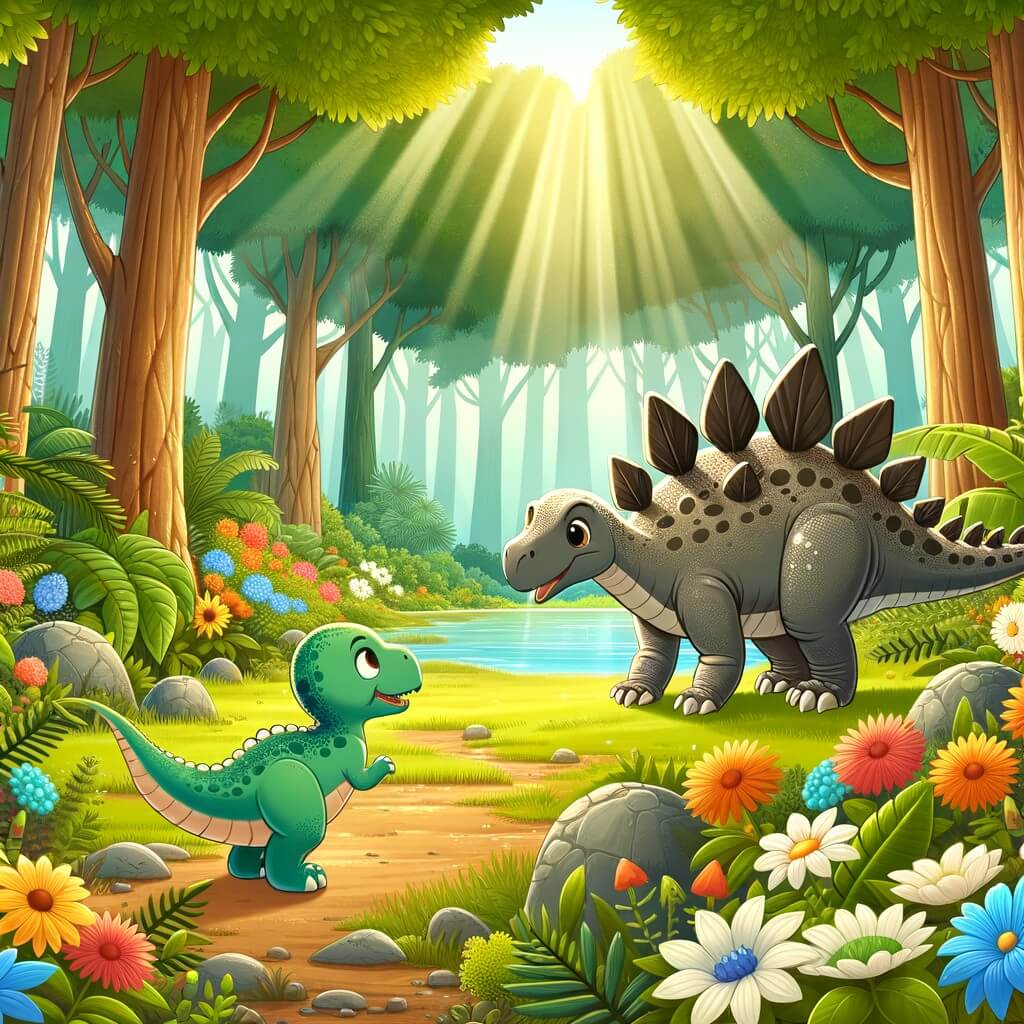 Une illustration destinée aux enfants représentant un vélociraptor curieux et aventureux qui rencontre un stégosaure solitaire dans une magnifique forêt luxuriante remplie de grands arbres, de fleurs colorées et de rayons de soleil filtrant à travers les feuilles.