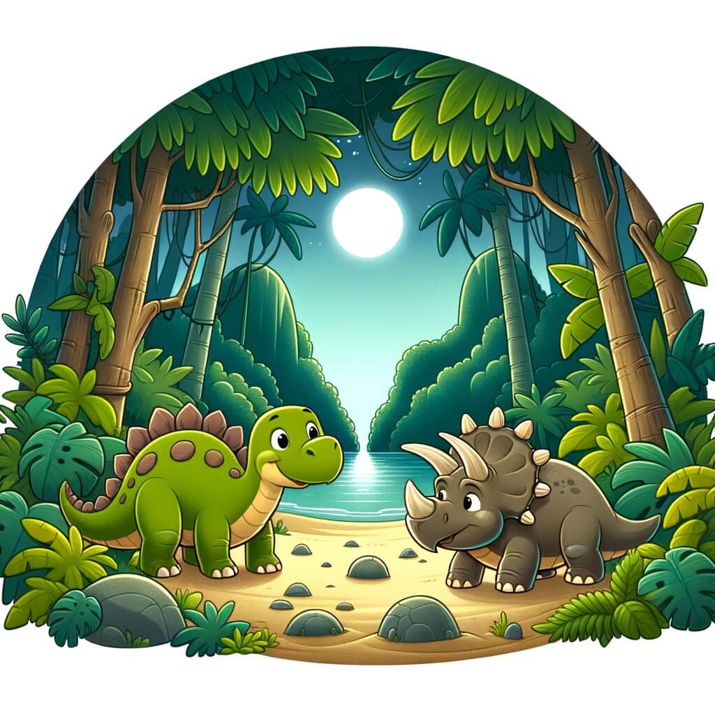 Une illustration destinée aux enfants représentant un stégosaure timide découvrant l'amitié et l'aventure, accompagné d'un tricératops courageux, dans une île mystérieuse au cœur d'une jungle dense et verdoyante.