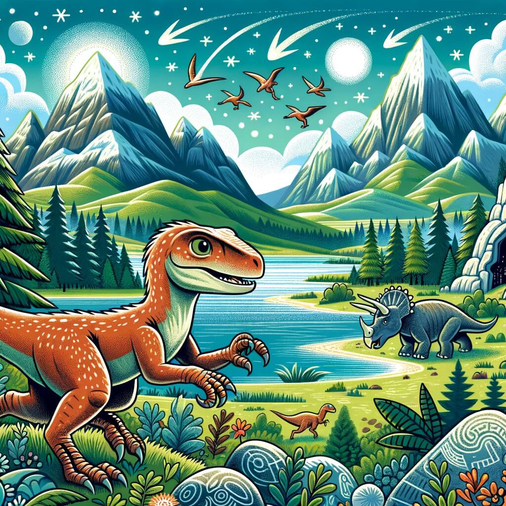 Une illustration destinée aux enfants représentant un jeune vélociraptor malin et rapide, vivant des aventures avec son troupeau dans une vallée luxuriante remplie de montagnes majestueuses, de lacs scintillants et de forêts denses, où il rencontre un tricératops et découvre une mystérieuse grotte pleine de peintures rupestres et de secrets.