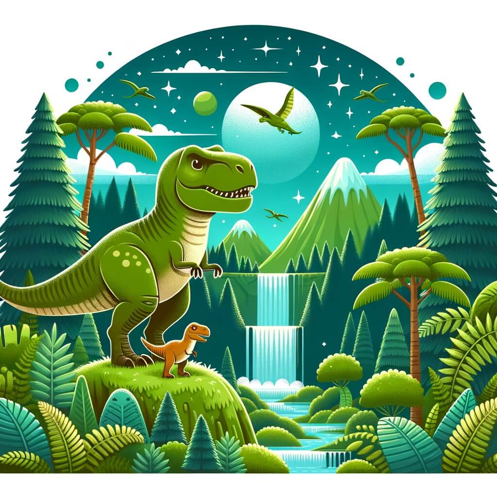 Une illustration destinée aux enfants représentant un puissant et majestueux Tyrannosaure Rex, se tenant au sommet d'une montagne verdoyante, accompagné d'un petit dinosaure curieux, dans une vaste forêt préhistorique remplie de fougères géantes et de cascades scintillantes.