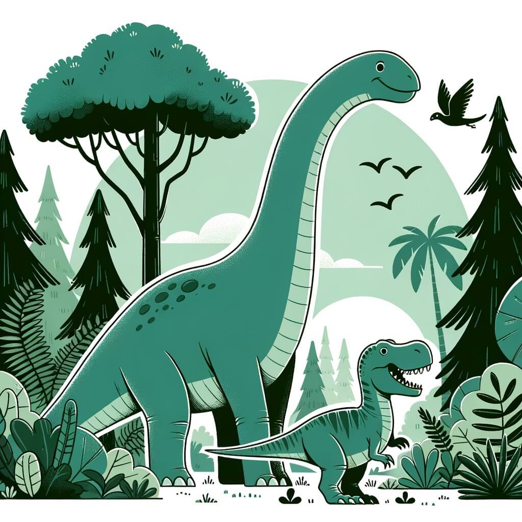 Une illustration destinée aux enfants représentant un majestueux diplodocus se trouvant dans une forêt luxuriante et paisible, accompagné d'un adorable tyrannosaure, dans une aventure pleine de courage et d'amitié.