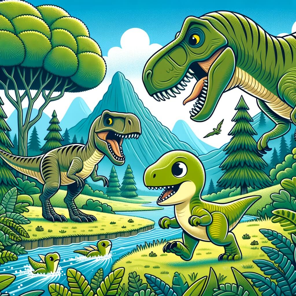 Une illustration destinée aux enfants représentant un petit vélociraptor timide et courageux, se faisant chasser de son territoire par des tyrannosaures féroces, mais trouvant refuge dans une magnifique plaine luxuriante remplie d'arbres immenses et de ruisseaux étincelants.
