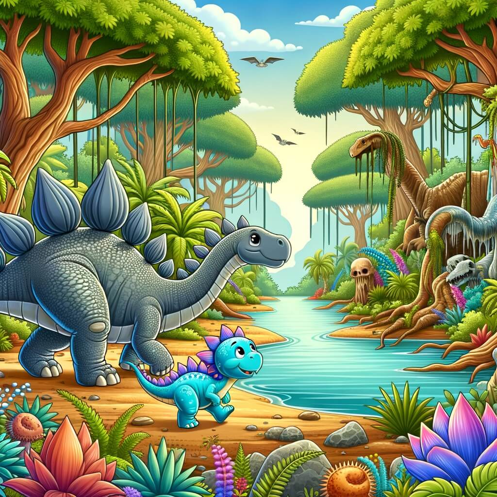 Une illustration destinée aux enfants représentant un stégosaure aventurier, accompagné d'un petit dinosaure bleu, explorant un lagon magique rempli de plantes exotiques et de créatures étranges dans une forêt dense de la préhistoire.