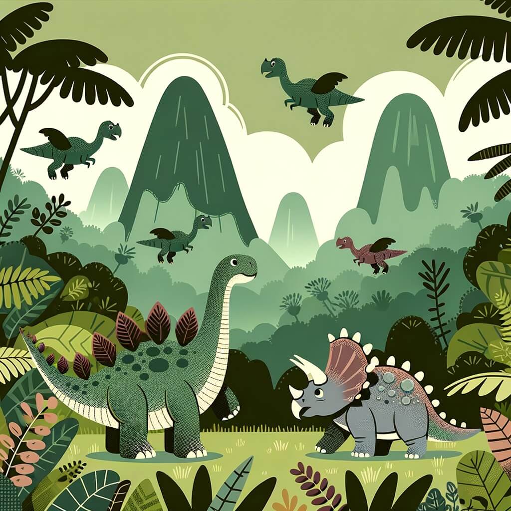 Une illustration destinée aux enfants représentant un stégosaure courageux se tenant debout au milieu d'une vallée luxuriante de la jungle, accompagné d'un adorable tricératops nouvellement éclos, face à un groupe de dinosaures agresseurs venus d'une autre région.