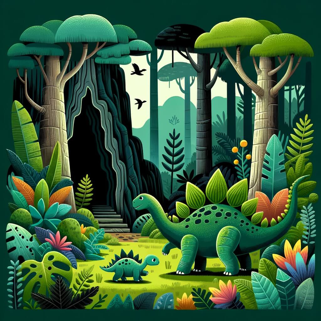 Une illustration destinée aux enfants représentant un stégosaure intrépide, accompagné d'un petit dinosaure perdu, explorant une forêt luxuriante et mystérieuse peuplée de grands arbres aux feuilles vertes chatoyantes et de plantes aux couleurs vives, où se cache une grotte sombre et mystérieuse.