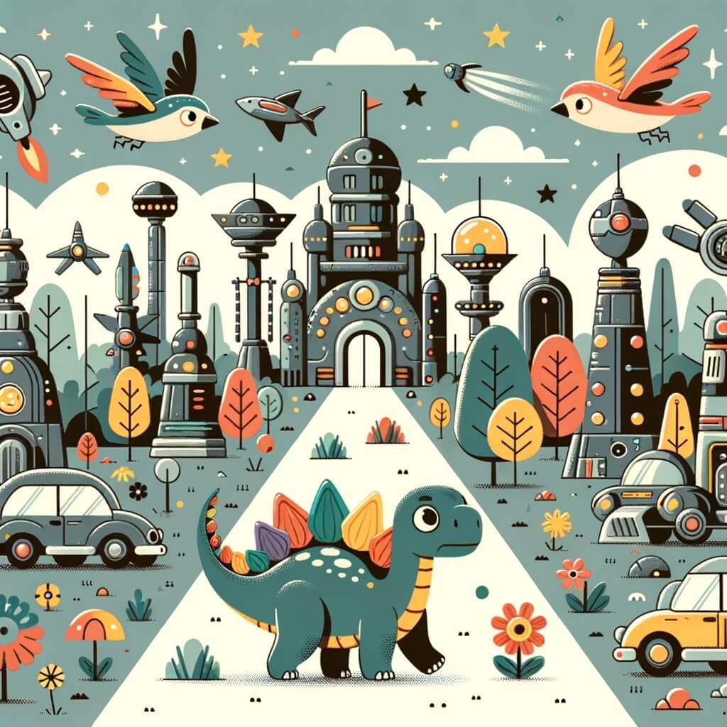 Une illustration destinée aux enfants représentant un stégosaure curieux et aventurier, se retrouvant dans un monde futuriste rempli de bâtiments en métal, de voitures volantes et de robots, avec l'aide de mystérieux oiseaux colorés.