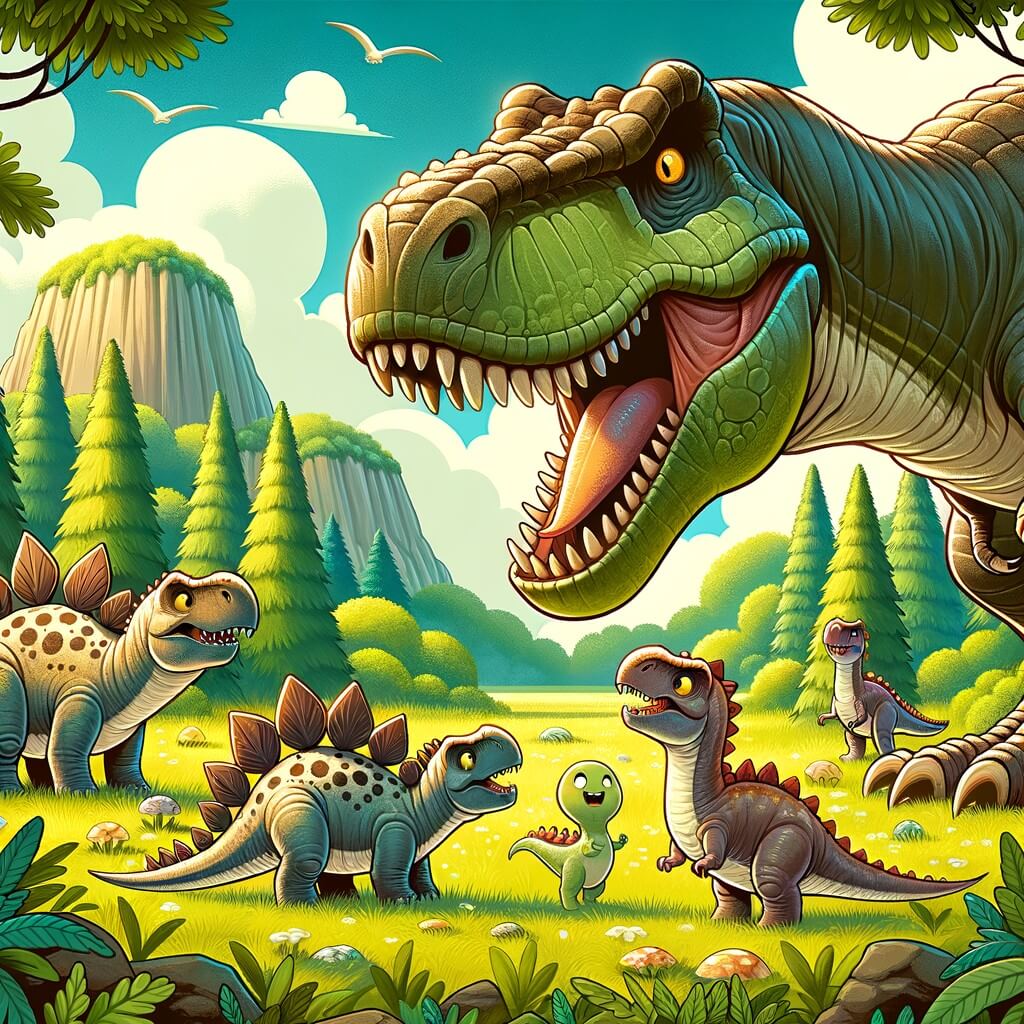 Une illustration destinée aux enfants représentant un puissant et imposant Tyrannosaure Rex, affamé, rencontrant une adorable famille de stégosaures dans une belle clairière verdoyante de la préhistoire.