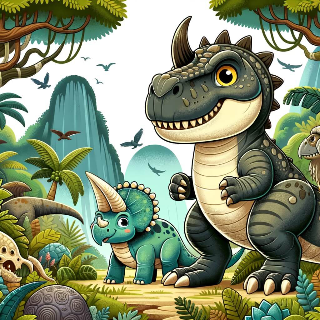 Une illustration destinée aux enfants représentant un redoutable prédateur à la mâchoire puissante et aux bras courts, se tenant fièrement dans une forêt luxuriante de la préhistoire, accompagné d'un adorable tricératops, dans une aventure pleine de mystères et de découvertes.