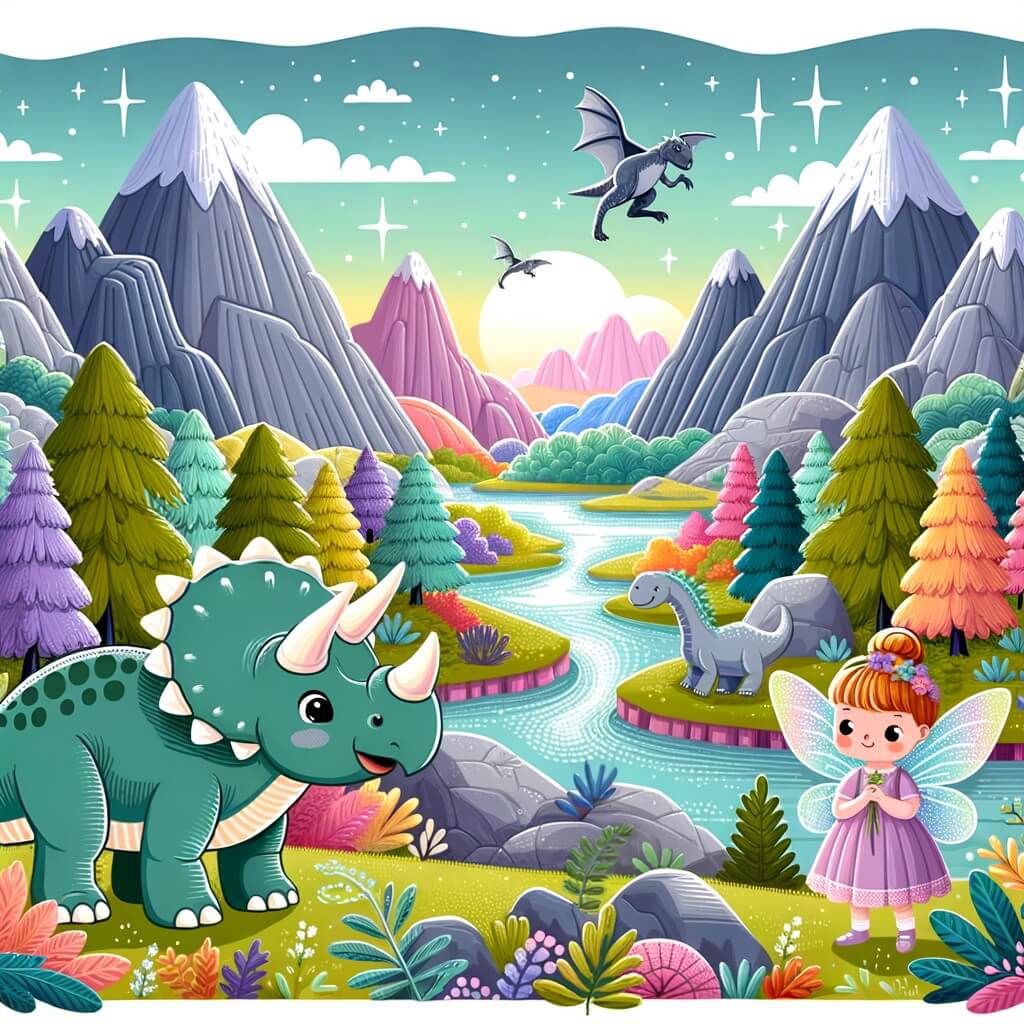 Une illustration pour enfants représentant un majestueux tricératops confronté à une aventure extraordinaire dans la vallée des dinosaures.