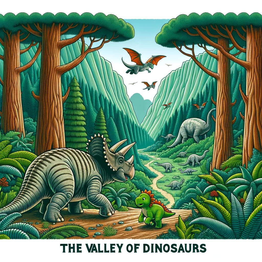 Une illustration destinée aux enfants représentant un tricératops curieux se lançant dans une aventure périlleuse avec son nouvel ami, un petit dinosaure vert, à travers une forêt dense remplie d'arbres géants et de fougères hautes, dans la vallée des dinosaures.