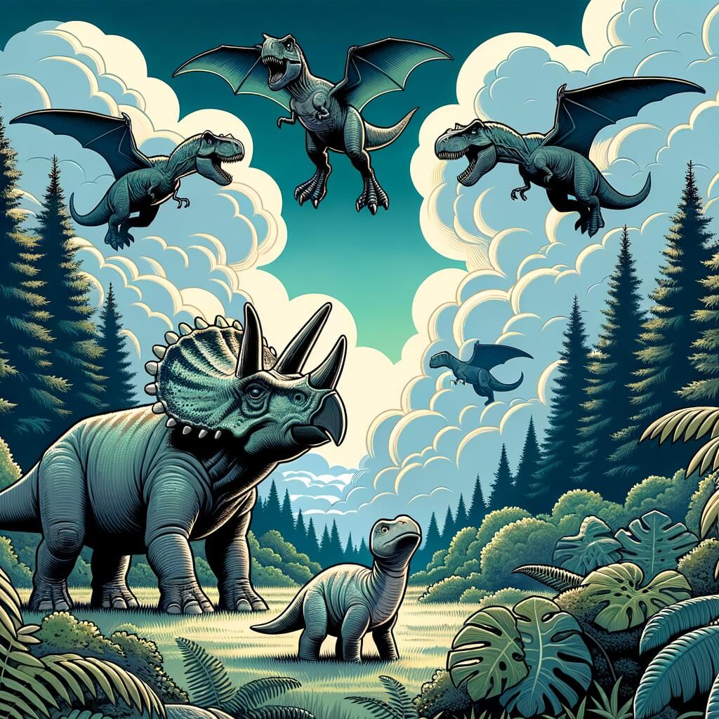 Une illustration destinée aux enfants représentant un tricératops courageux se tenant debout au milieu d'une forêt luxuriante, avec un bébé diplodocus perdu à ses côtés, tandis que des T-Rex étranges volent dans le ciel dramatiquement nuageux au-dessus d'eux, créant une tension palpable dans le paysage préhistorique.