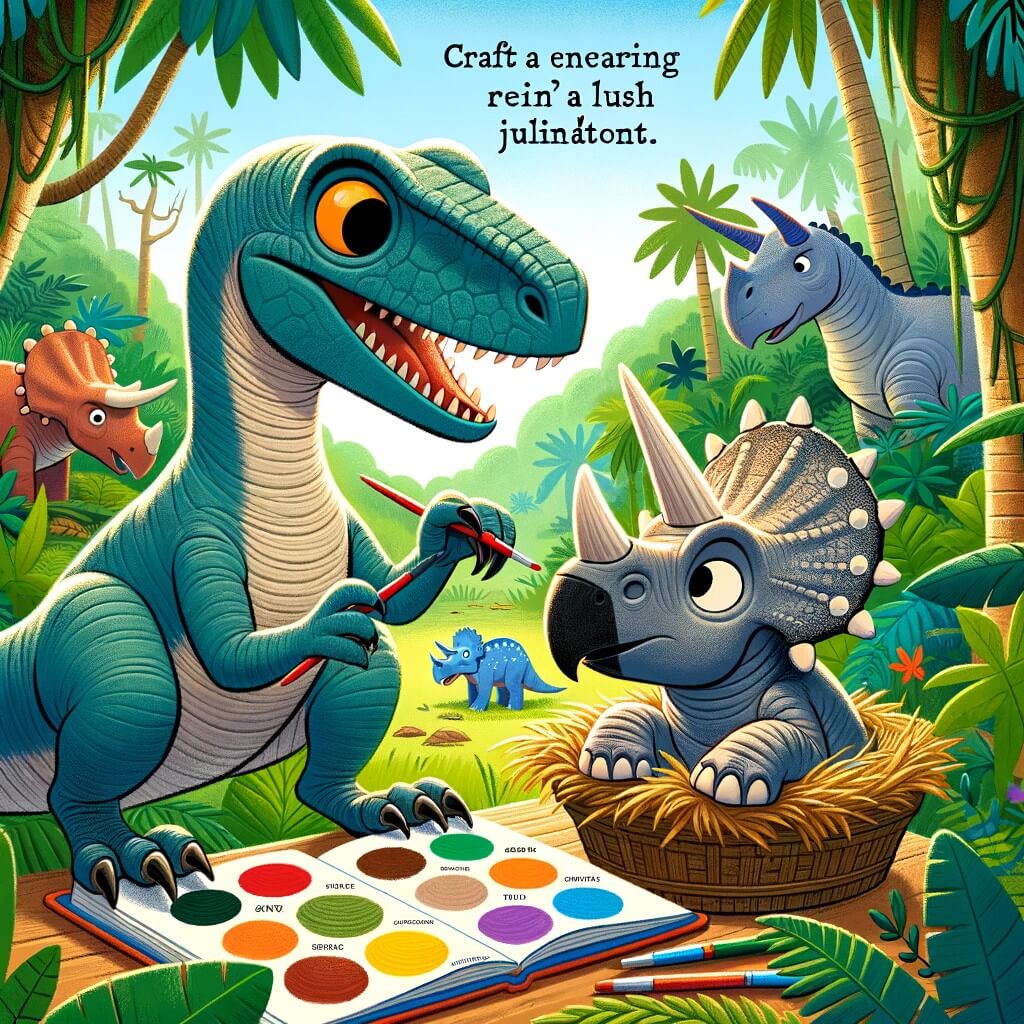 Une illustration destinée aux enfants représentant un vélociraptor intrépide, vivant dans une jungle luxuriante, qui se lie d'amitié avec un tricératops et ensemble, ils affrontent les dangers de leur territoire pour sauver un bébé tricératops et participer à un grand tournoi de dinosaures.