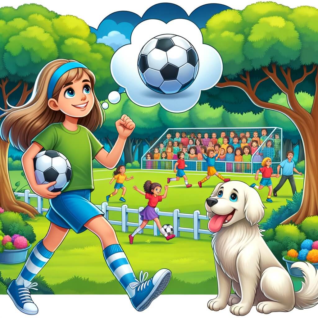 Une illustration pour enfants représentant une jeune fille passionnée de football qui joue pour une équipe professionnelle dans un stade rempli de fans en délire.