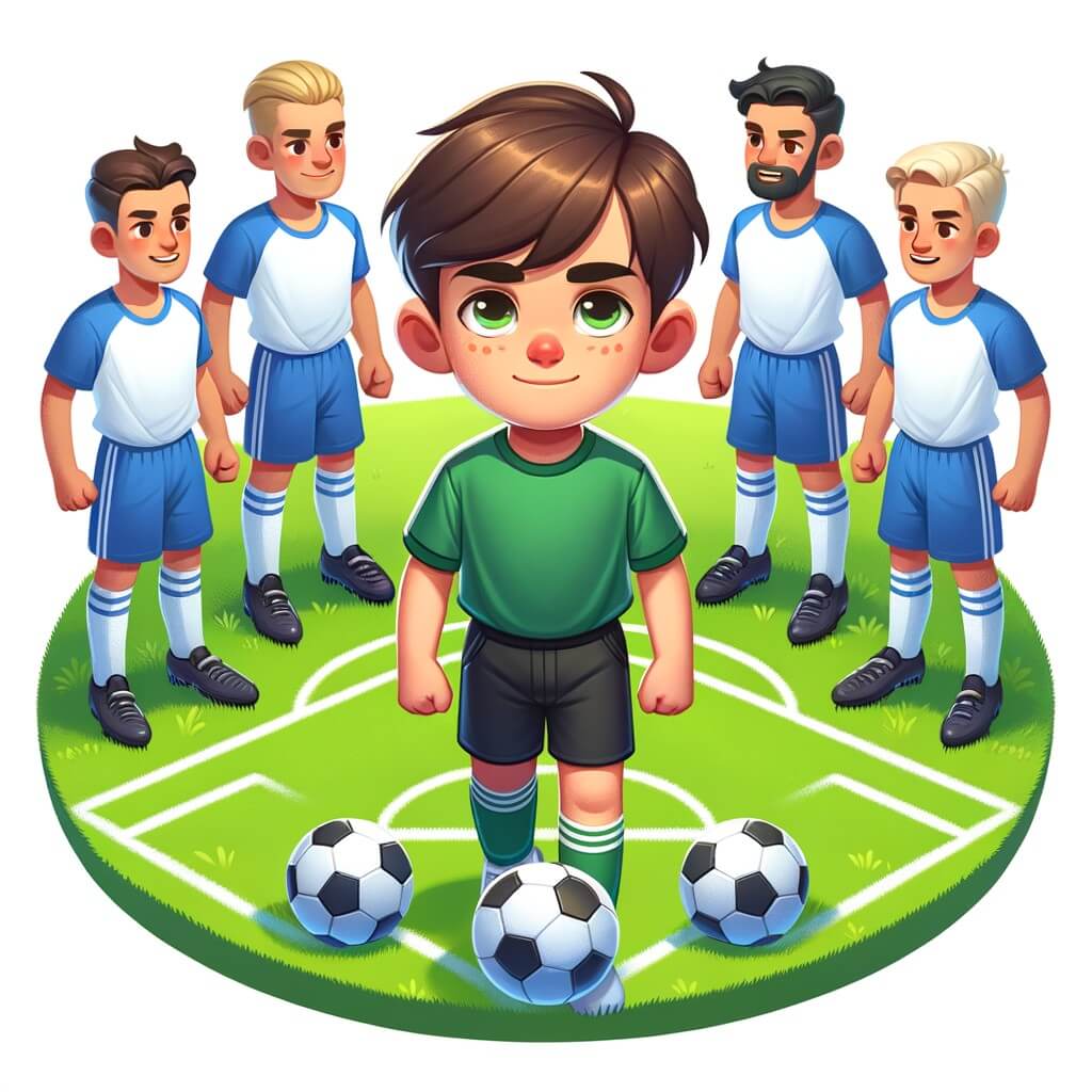 Une illustration destinée aux enfants représentant un jeune homme passionné de football, se trouvant au milieu d'un terrain verdoyant et entouré de joueurs talentueux, lors d'un match crucial, où il devra prouver sa valeur pour réaliser son rêve.