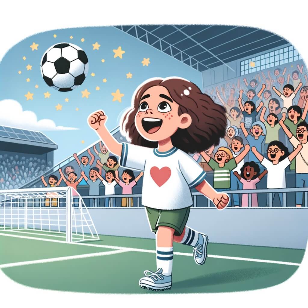Une illustration pour enfants représentant une jeune femme passionnée de football, qui réalise son rêve de devenir une joueuse professionnelle, dans un stade rempli de supporters enthousiastes.