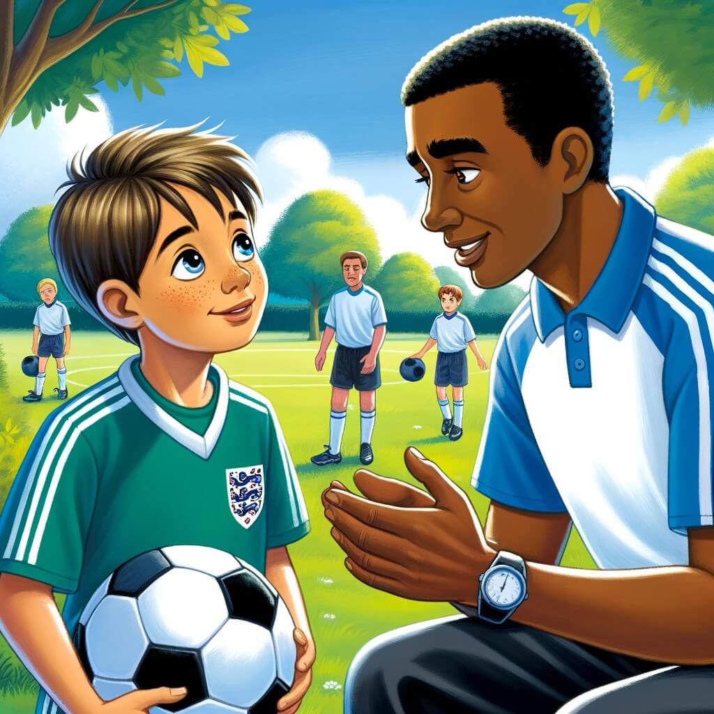 Une illustration pour enfants représentant un jeune garçon passionné de football, rêvant de devenir joueur professionnel, dans un parc où il rencontre un joueur de football célèbre.
