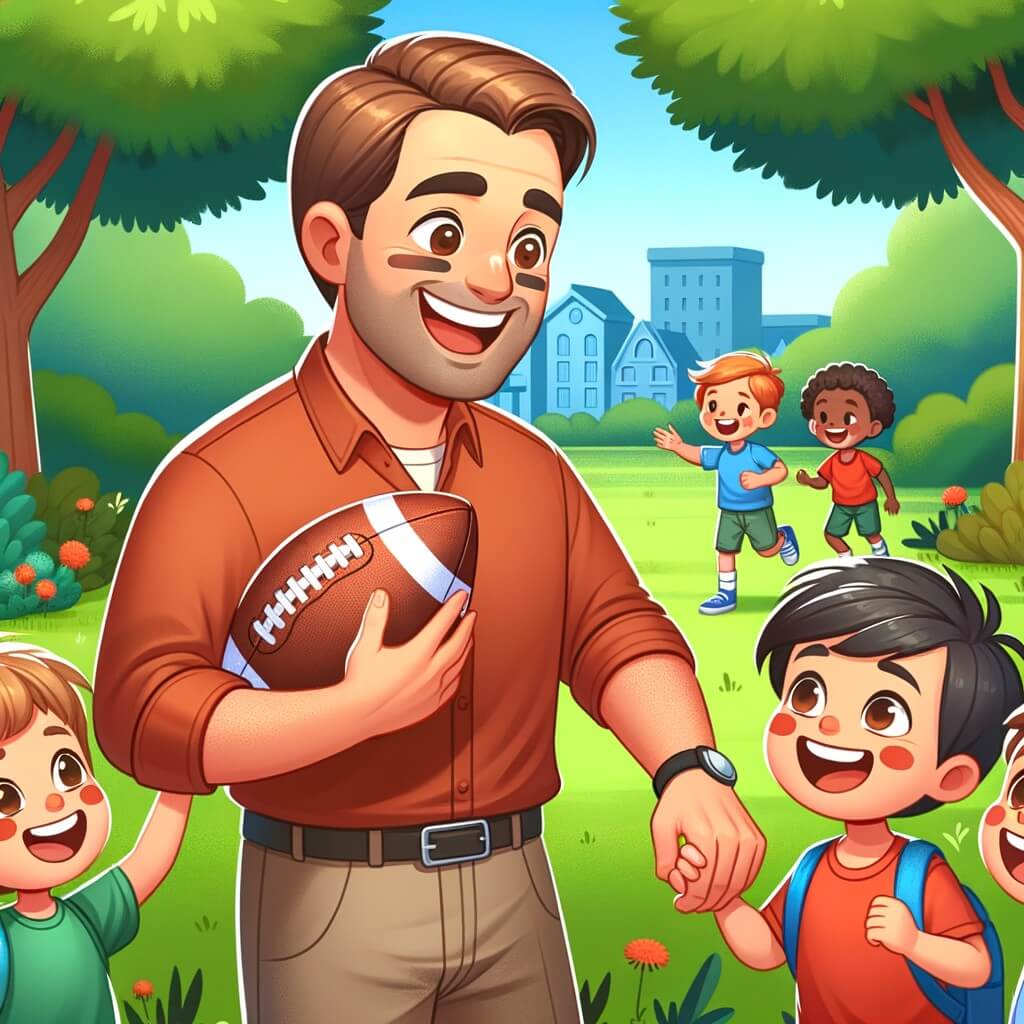 Une illustration destinée aux enfants représentant un homme passionné de football, qui fait la rencontre de jeunes enfants enthousiastes dans un parc verdoyant de la petite ville de Joyville.