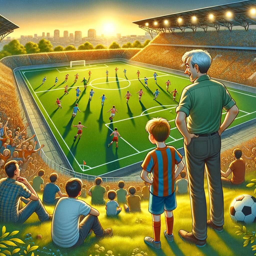 Une illustration pour enfants représentant un jeune homme passionné de football qui rêve de devenir joueur professionnel, dans un stade local.