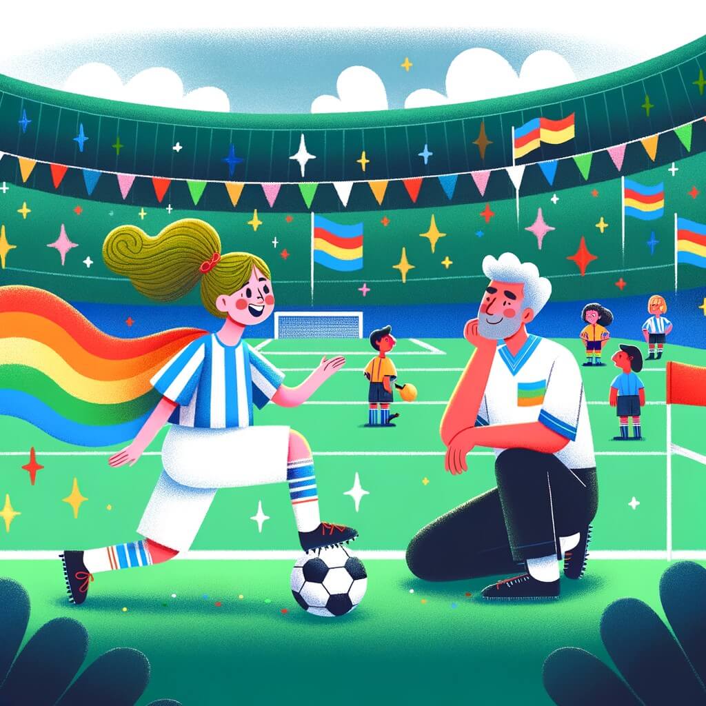 Une illustration destinée aux enfants représentant une jeune femme passionnée de football, rêvant de devenir joueuse professionnelle, accompagnée d'un coach bienveillant, sur un terrain de football verdoyant entouré de gradins colorés où flottent des drapeaux aux couleurs vives.