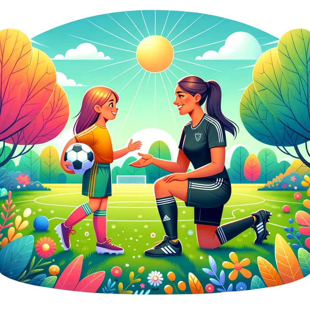 Une illustration pour enfants représentant une jeune fille passionnée de football qui rencontre une joueuse professionnelle dans un parc et réalise son rêve de devenir une joueuse professionnelle dans le même parc quelques années plus tard.