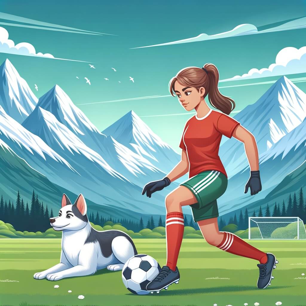 Une illustration destinée aux enfants représentant une joueuse de football passionnée, accompagnée de son fidèle chien, s'entraînant avec détermination sur un terrain verdoyant entouré de majestueuses montagnes enneigées.