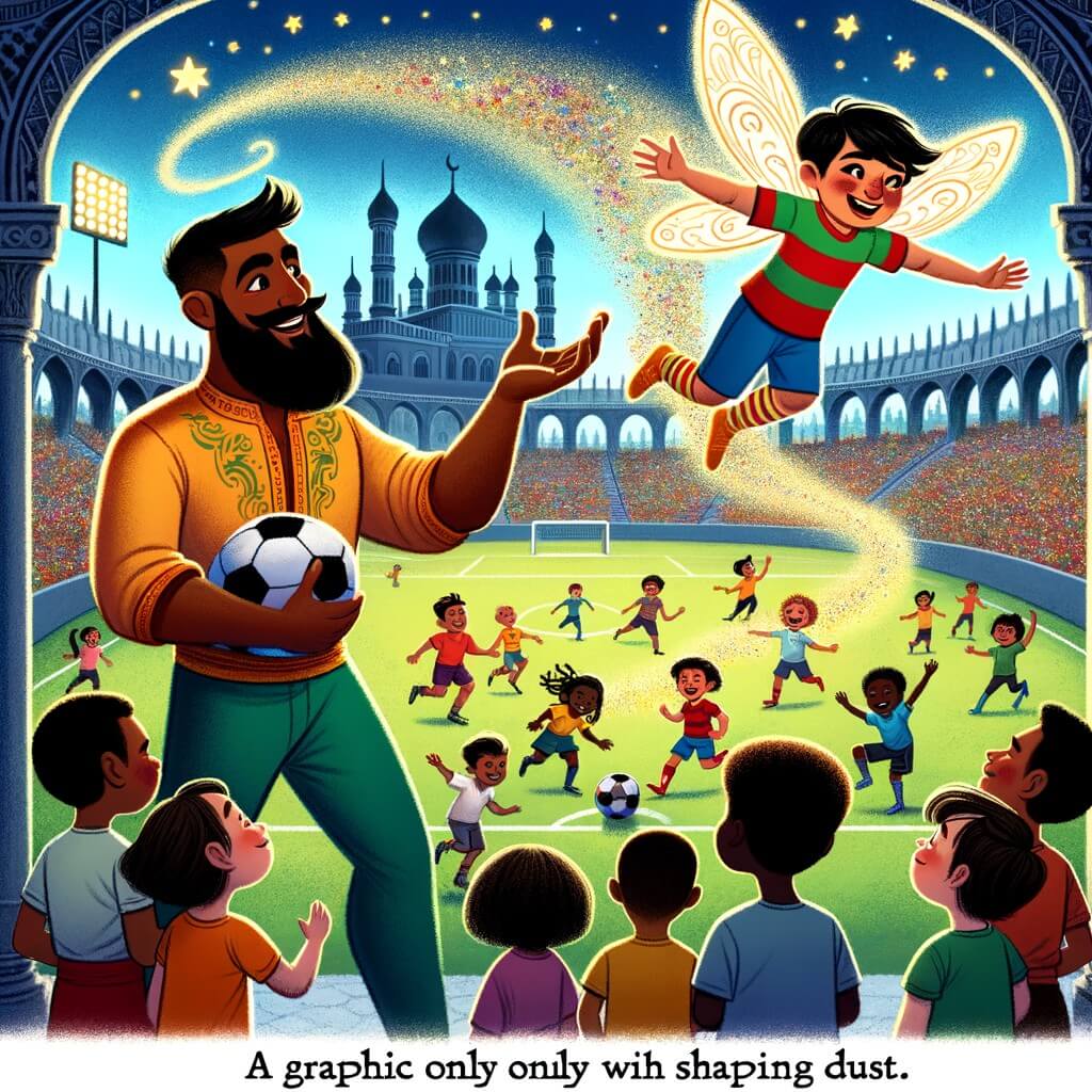 Une illustration pour enfants représentant un jeune garçon passionné de football qui se retrouve transporté dans un monde magique où il rencontre des joueurs professionnels et s'entraîne dans un stade immense.