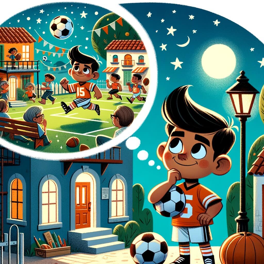 Une illustration pour enfants représentant un jeune garçon passionné de football, rêvant de devenir un joueur professionnel, dans une petite ville animée par le sport.