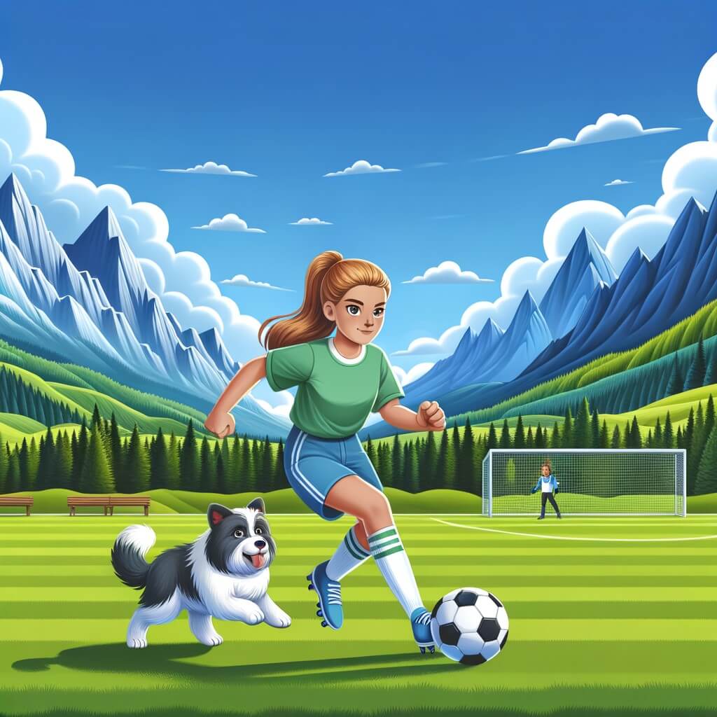 Une illustration pour enfants représentant une jeune fille passionnée de football qui rêve de devenir une joueuse professionnelle, dans un terrain de football entouré de ses amis et de sa famille.
