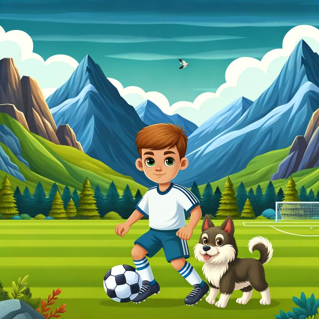 Une illustration destinée aux enfants représentant un jeune homme talentueux, joueur de football, accompagné de son fidèle chien, évoluant sur un terrain verdoyant entouré de montagnes majestueuses.