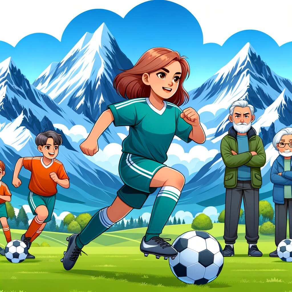Une illustration destinée aux enfants représentant une joueuse de football passionnée, accompagnée de son équipe multigénérationnelle, s'entraînant avec détermination sur un terrain verdoyant entouré de majestueuses montagnes enneigées.