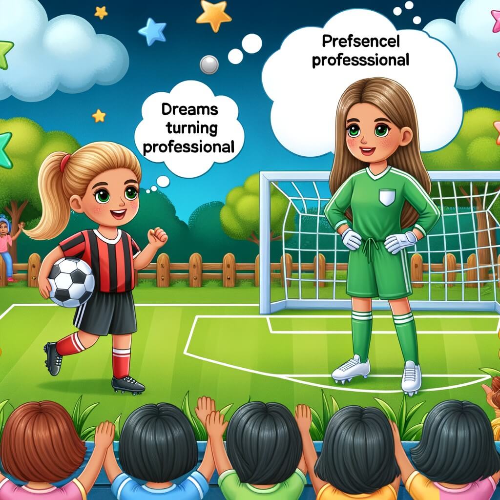 Une illustration destinée aux enfants représentant une joueuse de football passionnée qui rêve de devenir professionnelle, accompagnée d'une joueuse professionnelle expérimentée, sur un terrain de football verdoyant avec des buts colorés, entouré de spectateurs enthousiastes et d'arbres majestueux.