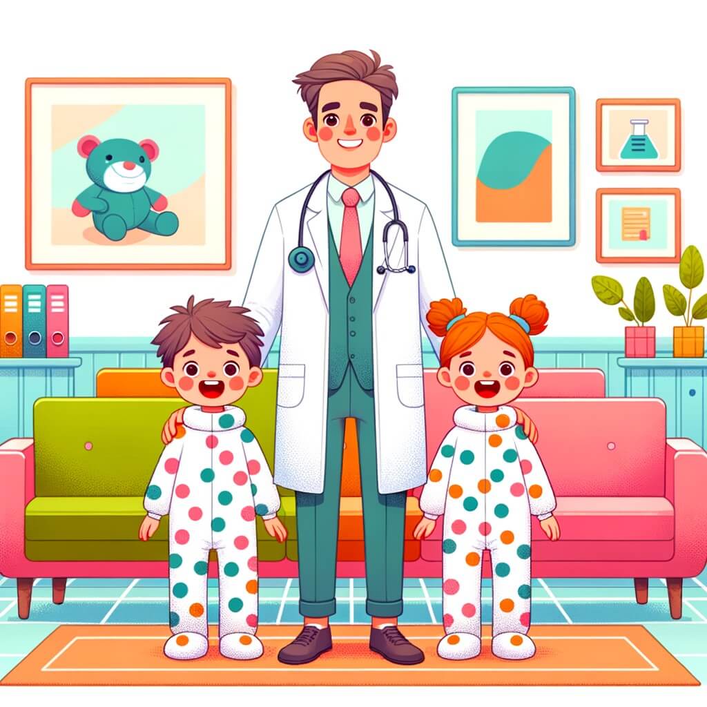 Une illustration destinée aux enfants représentant un homme en blouse blanche, entouré de deux enfants avec des boutons partout, dans une salle d'attente colorée et chaleureuse d'une clinique, où règne une atmosphère joyeuse et rassurante.