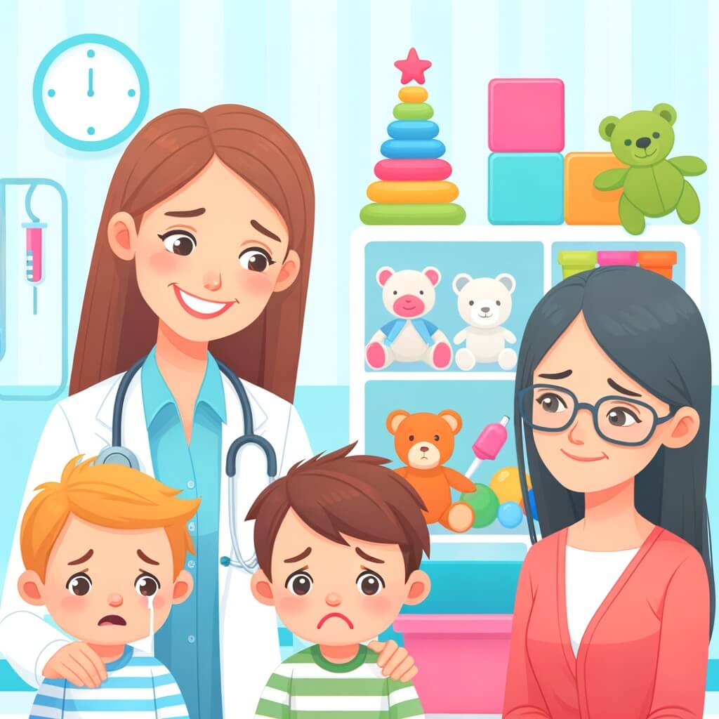 Une illustration destinée aux enfants représentant une femme médecin souriante, entourée d'un petit garçon triste et d'une maman inquiète, dans une clinique lumineuse et accueillante remplie de jouets colorés.