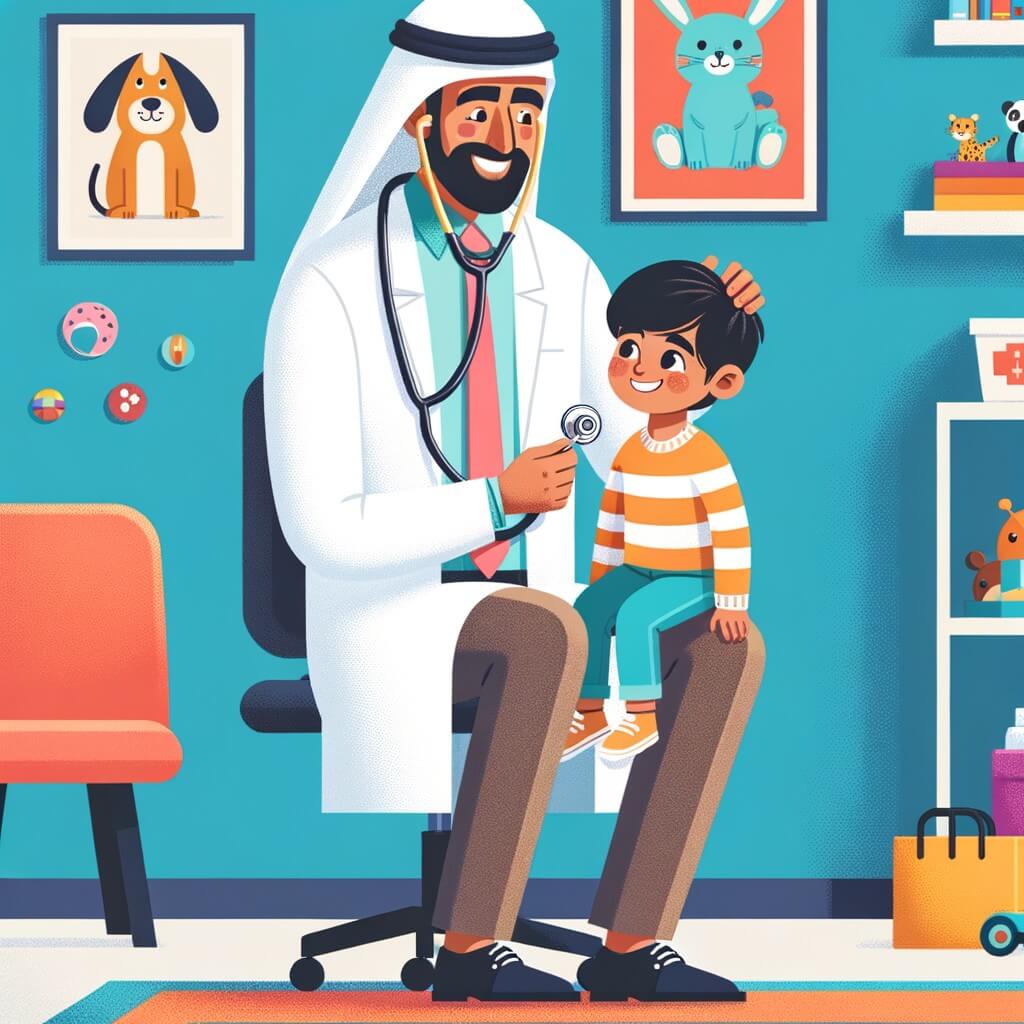 Une illustration pour enfants représentant un médecin bienveillant qui prend soin des enfants malades, dans son cabinet médical.