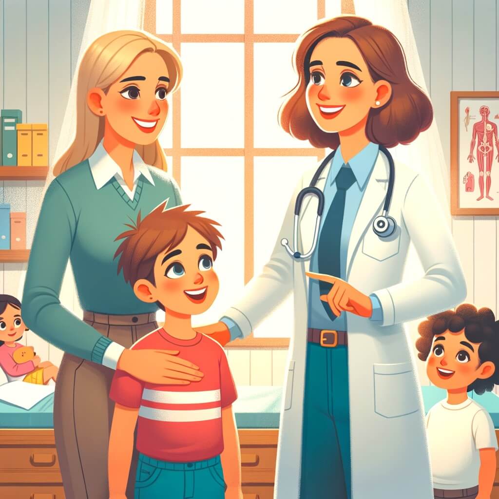 Une illustration destinée aux enfants représentant une femme médecin passionnée par son métier, accompagnée de son assistante, dans un cabinet médical chaleureux et accueillant, prenant soin des enfants et les aidant à mieux comprendre leur corps.