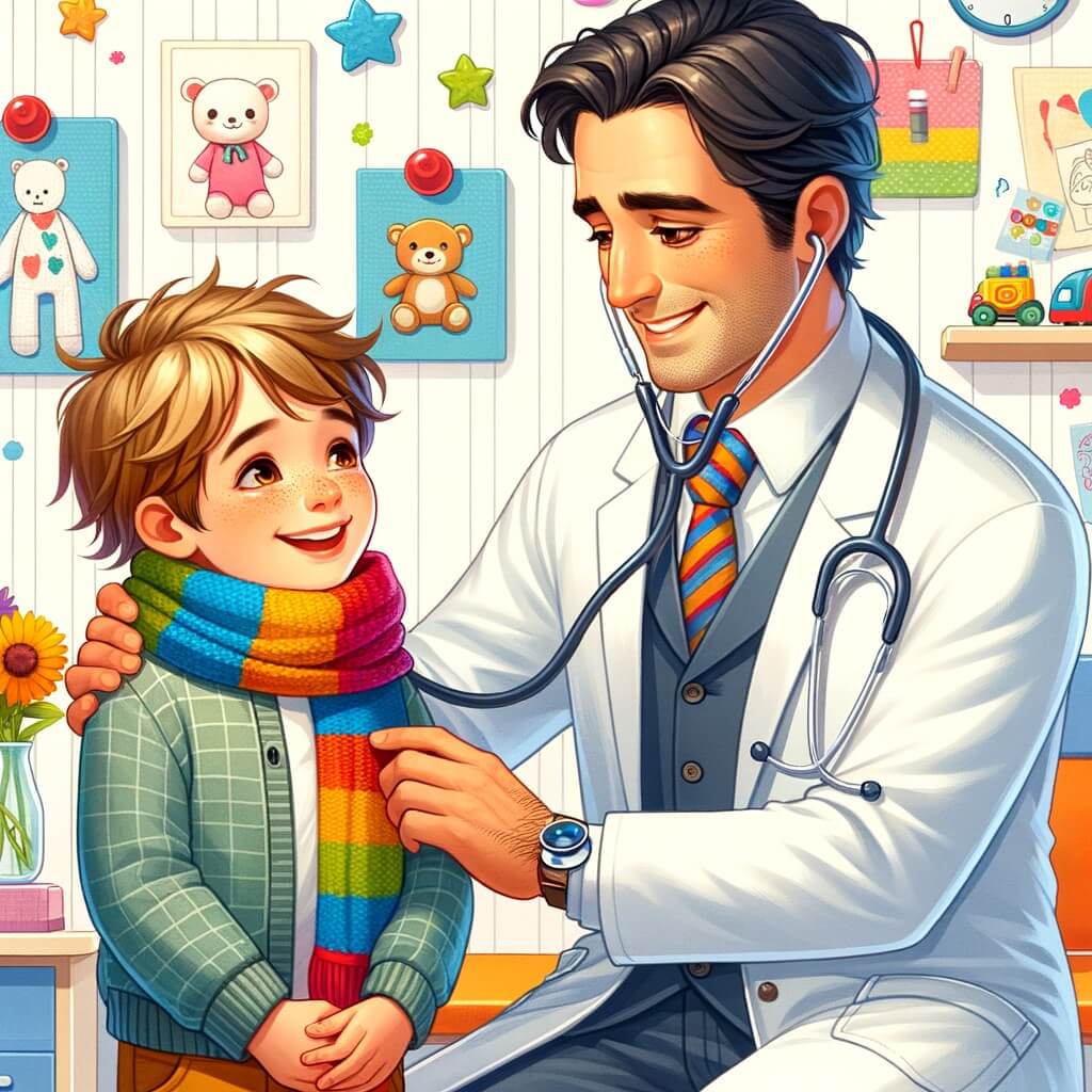 Une illustration destinée aux enfants représentant un médecin bienveillant, vêtu d'une blouse blanche et portant un stéthoscope autour du cou, qui aide un petit garçon souriant, avec une écharpe colorée, à se sentir mieux dans une salle d'attente lumineuse et chaleureuse, remplie de jouets et de dessins accrochés aux murs, où des fleurs colorées égayent l'espace.