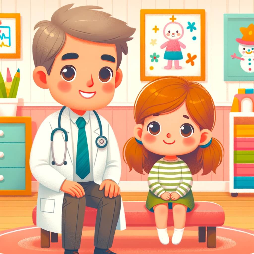 Une illustration destinée aux enfants représentant un médecin bienveillant et souriant, accompagné d'un adorable petit patient, dans un cabinet médical chaleureux et coloré, rempli de jouets et de dessins accrochés aux murs.