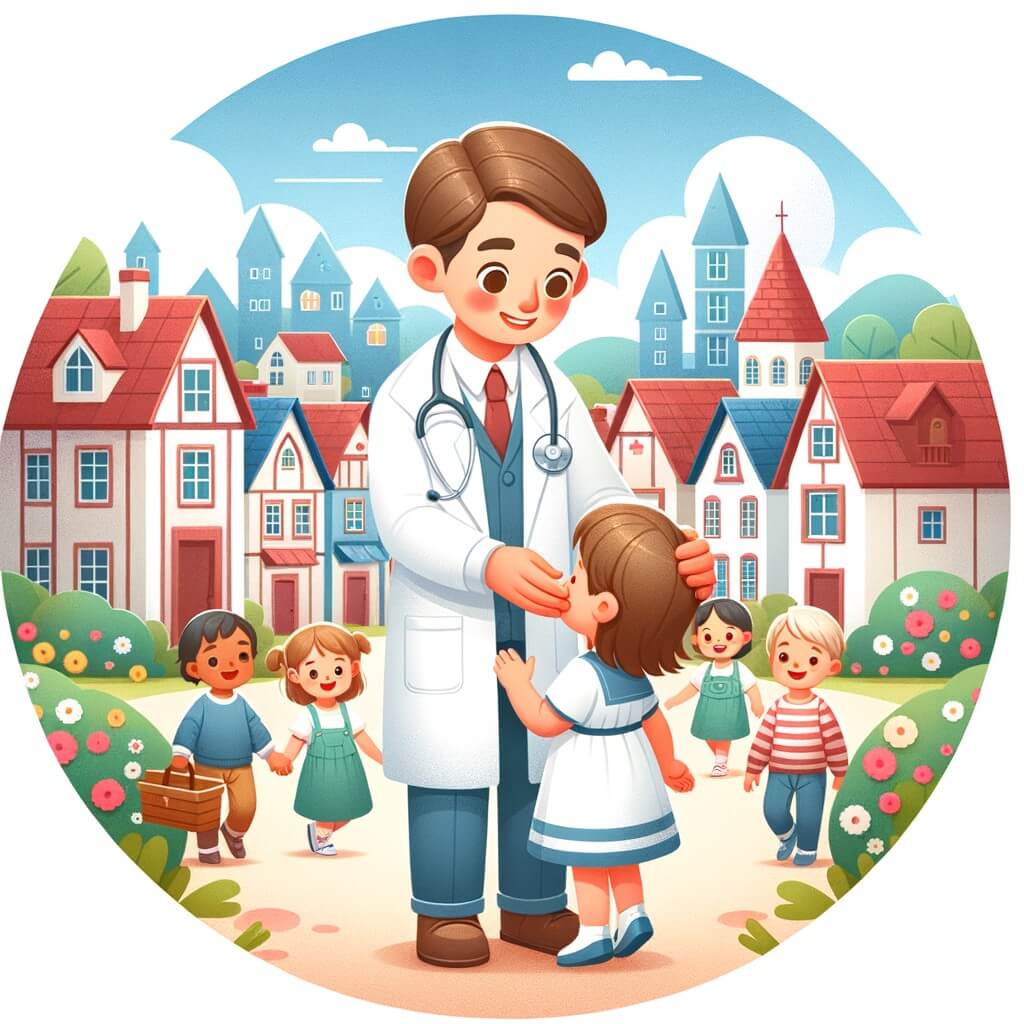 Une illustration destinée aux enfants représentant un homme bienveillant, portant une blouse blanche, s'occupant des enfants malades dans une clinique située au cœur d'un village coloré, entouré de maisons aux toits rouges et de jardins fleuris.