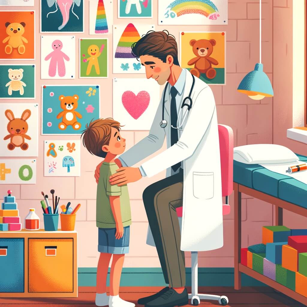 Une illustration destinée aux enfants représentant un homme en blouse blanche, accompagné d'un petit garçon, dans un cabinet médical rempli de jouets colorés et de dessins accrochés aux murs, où ils partagent un moment chaleureux et rassurant.