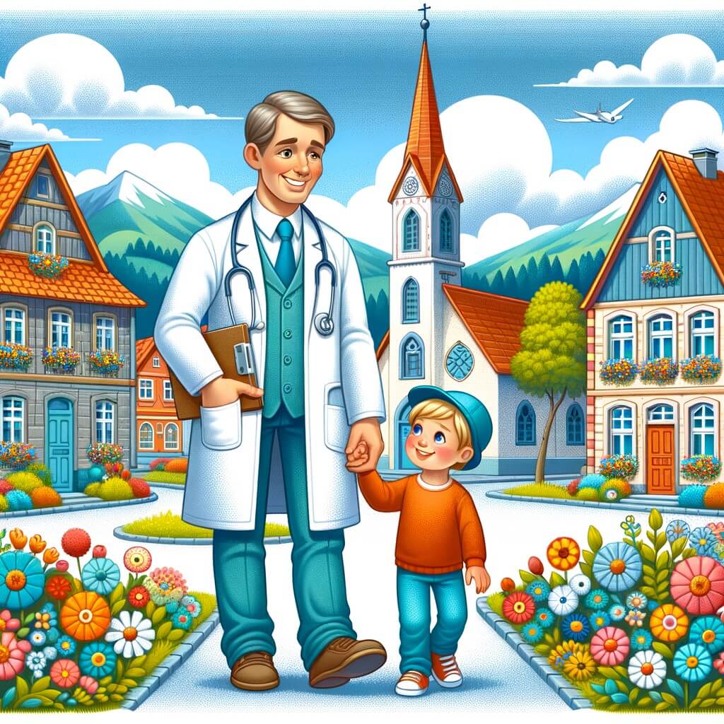 Une illustration destinée aux enfants représentant un médecin bienveillant et souriant, accompagné d'un petit garçon, dans un village pittoresque entouré de maisons colorées, avec une église au clocher pointu et des fleurs multicolores qui ornent les fenêtres.